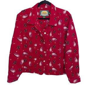 Vintage Cabelas Denim Jean Jacket Womens Large Paisley Western Cowgirl Red boho